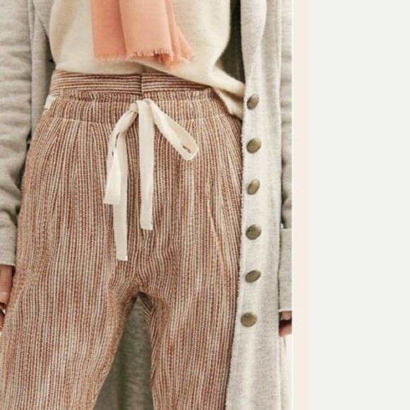 Free People Caraway Light At Sunrise Striped Linen Belt Crop Pants Size 12 - Picture 1 of 8